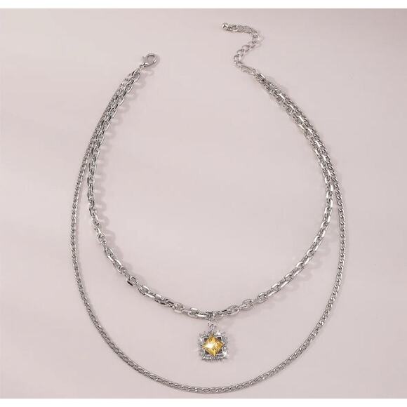 Faux Citrine Necklace Silver Tone Double Strand Adjustable Old Money Layered - Picture 1 of 4